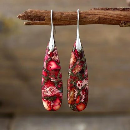 Boho Natural Imperial Jasper Teardrop Dangle Earrings for Women – Hypoallergenic French Hook Stone Drop Earrings Jewelry - color: Red Golden Hook