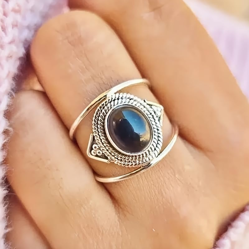 Retro Bohemian Statement Ring Oval Synthetic Moonstone Gemstone Rings for Women Man Daily Holiday Fashion Jewelry - color: black, size: 10