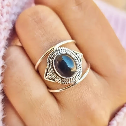 Retro Bohemian Statement Ring Oval Synthetic Moonstone Gemstone Rings for Women Man Daily Holiday Fashion Jewelry - color: black, size: 9