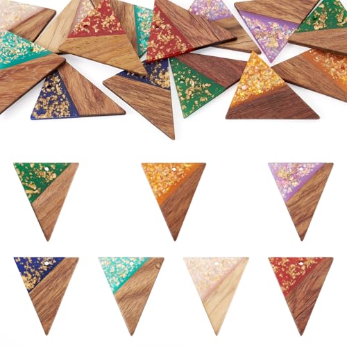 Beadthoven 14Pcs/7 Pairs Glittery Resin Wood Earrings Pendants, Iridescent Triangle Charms Wood Earrings Making kit Boho Vintage Wooden Earring Blanks Pieces for Jewelry Making DIY Crafts - color: Triangle