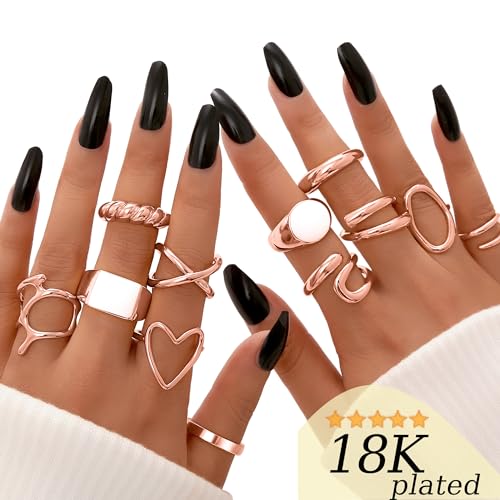 FAXHION 12PCS Gold Stackable Rings Set for Women, 18K Gold Plated Open Stacking Knuckle Ring, Adjustable Chunky Signet Band Statement Ring for Gift - color: 1-Rose-12pcs