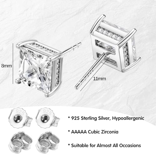 FEEL STYLE 18K White Gold Plated 925 Sterling Silver Princess Cut Cubic Zirconia Stud Earrings for Women Men - 6/8MM Square CZ Stud Earring Jewelry Gifts Hypoallergenic (Silver, 8mm)