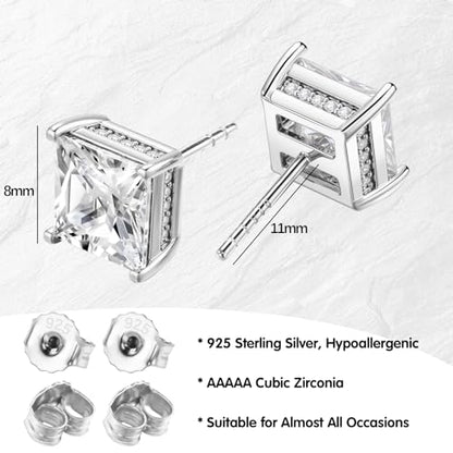 FEEL STYLE 18K White Gold Plated 925 Sterling Silver Princess Cut Cubic Zirconia Stud Earrings for Women Men - 6/8MM Square CZ Stud Earring Jewelry Gifts Hypoallergenic (Silver, 8mm)