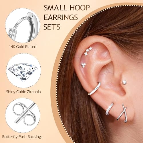 14K Gold Plated Hypoallergenic Stud Hoop Earrings Sets for Women | 7 Pairs Gold Earrings for Women Trendy, Cartilage Earring Lightweight Helix Lobe Tragus Conch Earrings for Women - color: Silver Plated