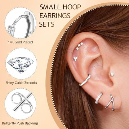 14K Gold Plated Hypoallergenic Stud Hoop Earrings Sets for Women | 7 Pairs Gold Earrings for Women Trendy, Cartilage Earring Lightweight Helix Lobe Tragus Conch Earrings for Women - color: Silver Plated