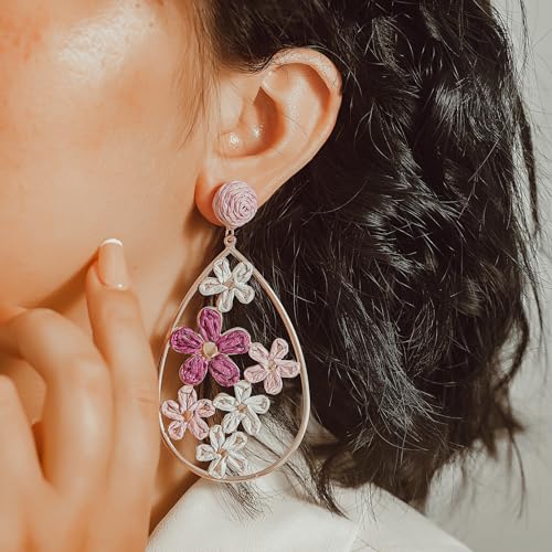 Boho Raffia Flower Teardrop Earrings Cute Colorful Dangle Trendy Jewelry | Floral Drop Statement Big Dangling Earring Hypoallergenic Gold Fun Unique Summer Spring Beach Vacation Outfits for Women - color: Purple