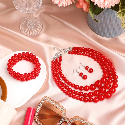 Haysandy Pearl Jewelry Set for Women 20s Jewelry Gift | Retro Layered Necklace Bracelet Earring, Costume Accessories for Derby Wedding Prom Party, Dress Matching Occasions - color: Red