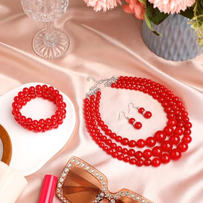 Haysandy Pearl Jewelry Set for Women 20s Jewelry Gift | Retro Layered Necklace Bracelet Earring, Costume Accessories for Derby Wedding Prom Party, Dress Matching Occasions - color: Red