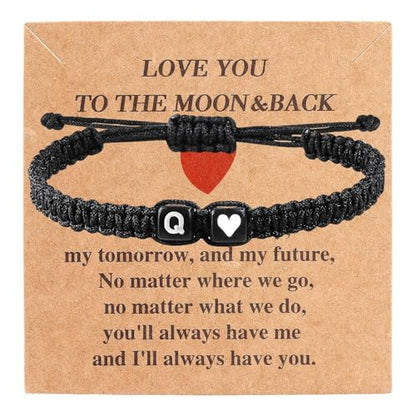 Valentines Day Gifts for Him Her Heart Love Letter Initial Matching Couple Bracelets for Women Men Teen Gifts Best Friend Graduation Birthday Gifts A-Z Braided Bracelet Son Daughter Dad Jewelry - color: Black-Q