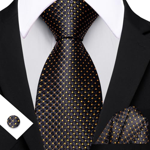 YOHOWA Men Plaid/Striped Ties Clip Set Silk Necktie Pocket Square Cufflinks | Woven Classic,Formal/Casual Mens Tie,Pocket Square Cufflinks Set,Luxury,Business,Wedding,Party,Prom,Graduation - color: Black Gold a