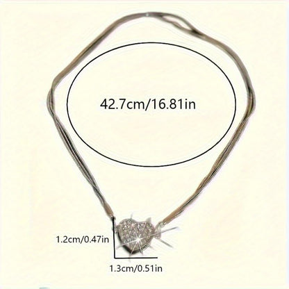 1 Pc, Silver Tone Layered Necklace, CZ Crystal Heart Pendant & Snake Chain, Dainty Shiny Style Jewelry (Silver)