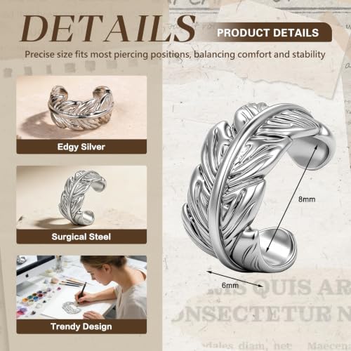 Gothic Clip On Ear Cuff Stainless Steel No Piercing Helix Cartilage | Hypoallergenic,Non Piercing Helix Cartilage,Gold Silver,Fake Earring,Lightweight,Punk Gothic Jewelry Gift Women Men - color: K8-Silver Leaf Design