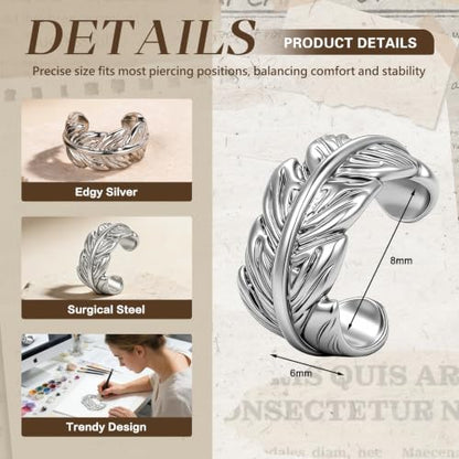 Gothic Clip On Ear Cuff Stainless Steel No Piercing Helix Cartilage | Hypoallergenic,Non Piercing Helix Cartilage,Gold Silver,Fake Earring,Lightweight,Punk Gothic Jewelry Gift Women Men - color: K8-Silver Leaf Design