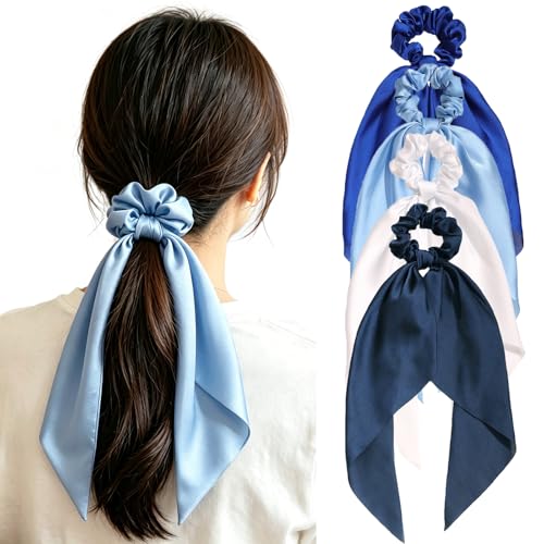 4 Pcs Blue Bow Hair Ties Set, Ribbon Scrunchies Hair Scarf for Women Girls, Cute Bow Scrunchies Hair Accessories, No Damage Hair Ties for Thick/Thin Hair - color: Blue&White Set