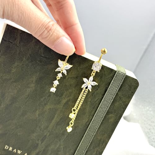 5PCS Crystal Belly Button Ring for Women Dangle Navel Belly Piercing Jewelry Cute Bow Butterfly Heart Angel wings Navel Belly Rings 14G Silver Surgical Steel Belly Button Stud - color: Gold-4pcs