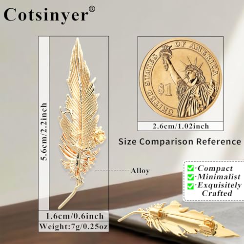 Small Rose Flower Feather Brooch Pin, Lapel Pin Men Women Suit | Classic Simple Metal Jewelry, Collar Shirt Clothes Blazer Coat Jacket Vest Hat Dress, Wedding Boutonniere, Velvet Pouch & Box - color: Gold