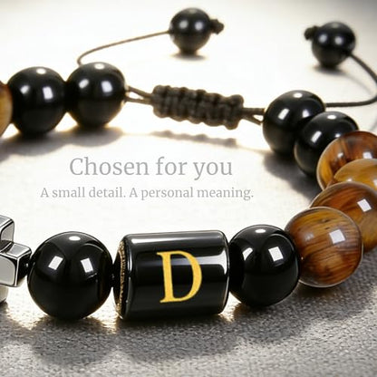 Initial Mens Bracelet with Cross - Religious Faith Beaded Bracelt Gift for Him Man Male Friend, Adjustable Tiger Eye Black Onyx Beads Braclet for Birthday Confirmation Sponsor Anniversary - color: Braided Rope-D