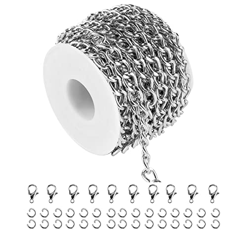 16.4 Feet Twisted Curb Chain Links Silver Plated Aluminum Bracelet Necklace Chain Bulk for DIY Craft Jewelry Making with Lobster Clasps and Jump Rings - color: 7×10mm-Silver
