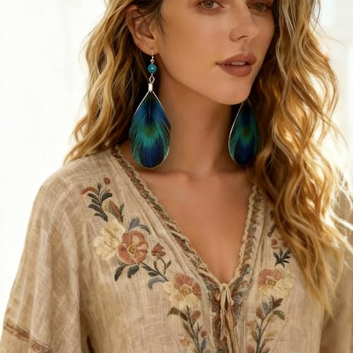 Feather Earrings for Women, Sterling Silver Hook Boho Style Peacock Long Feather Jewelry - color: Peacock Feather-2