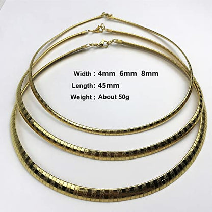 JAJAFOOK 4/6/8 MM Width Snake Bone Chain Stainless Steel Slash Wavy Flat Omega Collar Necklace - color: 8mm Silver Gold