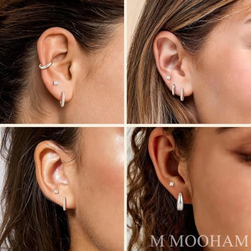 M MOOHAM Gold Hoop Earrings for Women Girls, Hypoallergenic Earring Stacks | Dainty 14K Real Gold Plated Earring Set for Sensitive Ears, Waterproof Non-Tarnish, Lightweight & Comfy, Jewelry Gifts - color: Silver Plated