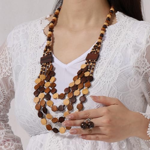 Wood Beads Necklace & Earrings for Women Chunky Multi-Layering Choker Necklace Ear Pendant - color: B