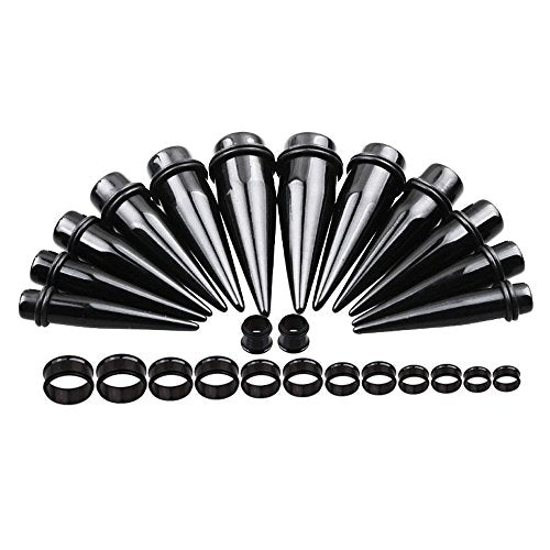 TOPBRIGHT 24PCS UV Acrylic Tapers and Surgical Steel Plugs Ear Gauges Kit Eyelets Stretching Set 00G-20mm - color: Black