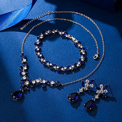 EleQueen Women's Wedding Bridal Jewelry Set for Brides Bridesmaids, Silver/14K Gold/Rose Gold Plated Cubic Zirconia Teardrop Necklace Dangle Earrings Bracelet Sets for Party Prom - color: 04-Sapphire Color-Necklace+Earrings+Bracelet