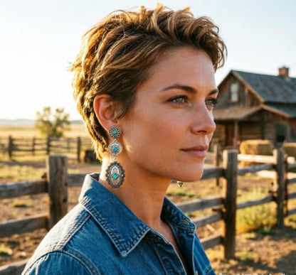 Boho Western Earrings for Women Western Feather Earrings Vintage Concho Turquoise Teardrop Dangle Earrings Country Concert Jewelry Accessories - style: Silver Turquoise Dangle