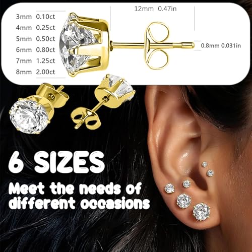 Stud Earrings Set, Round Clear Cubic Zirconia Ear Studs for Women and Men Sensitive Ears Stainless Steel CZ Earrings Hypoallergenic Cubic Zirconia Earrings Set Small Piercing Earring, 6 Pairs - color: Golden-6-claw