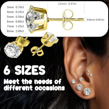 Stud Earrings Set, Round Clear Cubic Zirconia Ear Studs for Women and Men Sensitive Ears Stainless Steel CZ Earrings Hypoallergenic Cubic Zirconia Earrings Set Small Piercing Earring, 6 Pairs - color: Golden-6-claw