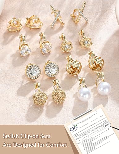 11 Pairs Clip on Earrings for Women 14K Gold Plated Clip Earring | Hypoallergenic Earrings for Non Pierced Ears, Chunky Cubic Zirconia Pearl Knot Flower Fake Ear Clips Set Jewelry - color: 14K Gold Plated