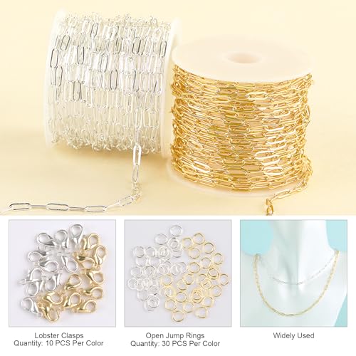 2 Rolls Paperclip Chain for Jewelry Making 33FT Jewelry Chain Links | Silver and Gold Chains Bulk with Lobster Clasps Jump Rings for DIY Craft Finding Jewelry Making Supplies - color: 2.8×7.6 Paperclip Chain
