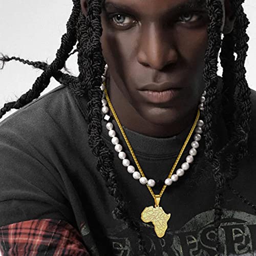 GOLDCHIC JEWELRY Africa Map Necklace for Men, Stainless Steel African Tribal/Egyptian Eye of Horus/I LOVE AFRICA/Elephant Map Hiphop Jewelry Unisex with 22'+2'Adjustable Chain - color: Africa Map - Gold, style: No Customization