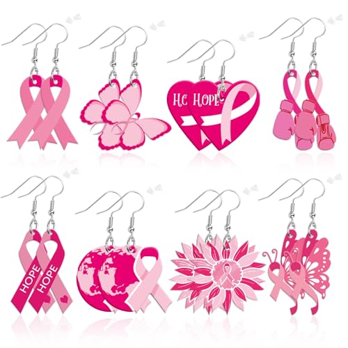 8 Pairs Breast Cancer Awareness Acrylic Earring for Women | Pink Ribbon Dangle Earrings, Breast Cancer Awareness Jewelry Gifts Activities Accessories, Lightweight Acrylic, Double Side - style: Breast Cancer Awareness