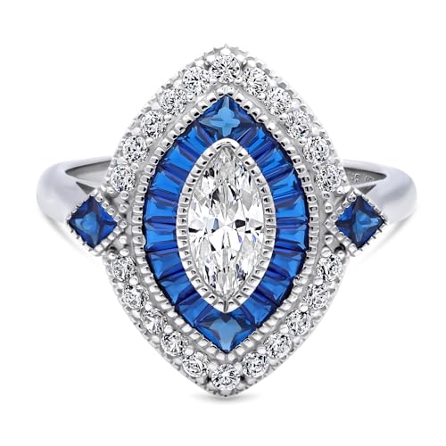 BERRICLE Sterling Silver CZ Art Deco Statement Cocktail Ring for Women, Sapphire-Blue Cubic Zirconia - Navette, Octagon, Oval Designs - style: Navette