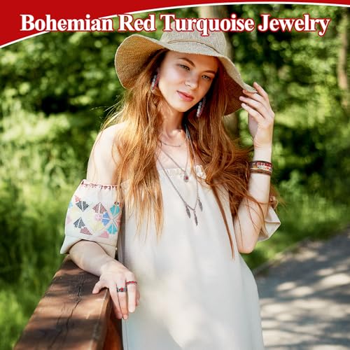 Ecally Bohemian Western Jewelry Turquoise Set Women Country Pendant Long Choker Layered Bracelets Earrings Ring for Women - color: Red, style: Passional