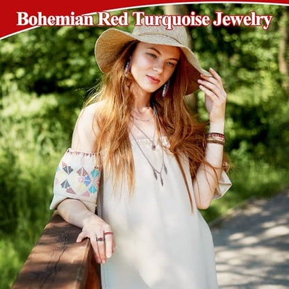 Ecally Bohemian Western Jewelry Turquoise Set Women Country Pendant Long Choker Layered Bracelets Earrings Ring for Women - color: Red, style: Passional