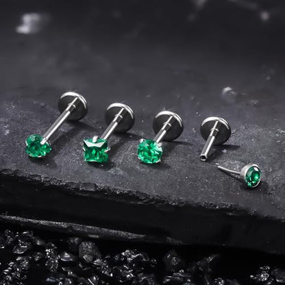 Ruifan Titanium Flat Back Lip Rings Threadless Push in Earrings Studs Nose Rings 20G 18G 16G Round Heart Square CZ Tragus Cartilage Lobe Rook Helix Conch Labret Medusa Piercing Jewelry for Women Men - color: Green CZ, size: 18G-6/8/10mm