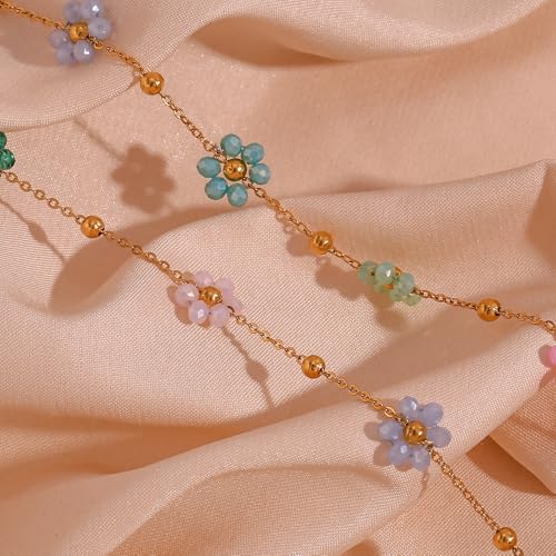 Cute Flower Beaded Ball Waist Chain Belt for Women Stainless Steel Bead Daisy Flowers Adjustable Waist Summer Beach Party Bikini Belly Chains 18K Gold Plated Fashion Jewelry Body Accessories 31.5"+ 4"