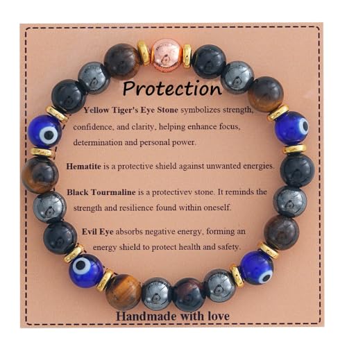 KSQS Healing Stone Bead Bracelet for Women, Natural Gemstones Balance Protection Bracelet, Spiritual Crystal Beads Bracelet Anxiety Relief with Meaning Card - color: Evil Eye Protection