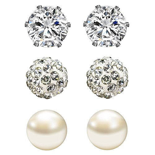 JewelrieShop Birthstone Studs Earring Set Cubic Zirconia Rhinestones Crystal Ball Faux Pearl Stainless Steel Stud Earrings for Women Jewelry Gift (6mm Round,3 Pairs) - color: 4) Apr. - White