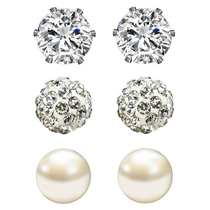 JewelrieShop Birthstone Studs Earring Set Cubic Zirconia Rhinestones Crystal Ball Faux Pearl Stainless Steel Stud Earrings for Women Jewelry Gift (6mm Round,3 Pairs) - color: 4) Apr. - White