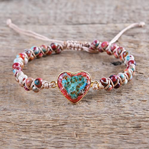 YGLINE Stone Bead Yoga Meditation Bracelet Healing Crystal Double Layer Natural Gemstone Beaded Relax Anxiety Bracelets for Women Men - color: jasper heart