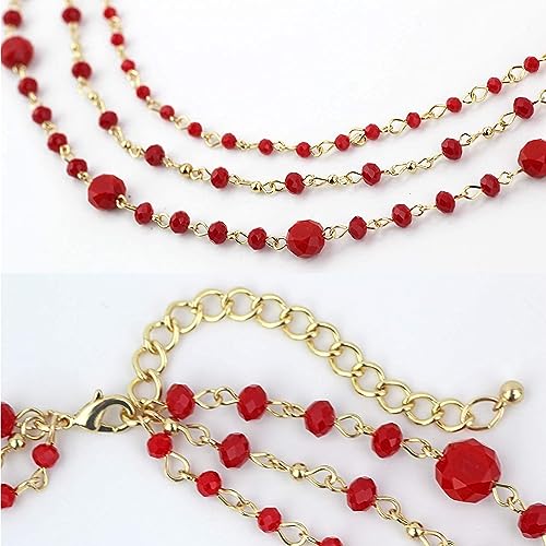 Firstmeet Long Chain Multi Layer Fashion Glass Beads Handmade Necklace for Women - color: Red-j