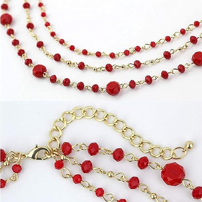 Firstmeet Long Chain Multi Layer Fashion Glass Beads Handmade Necklace for Women - color: Red-j
