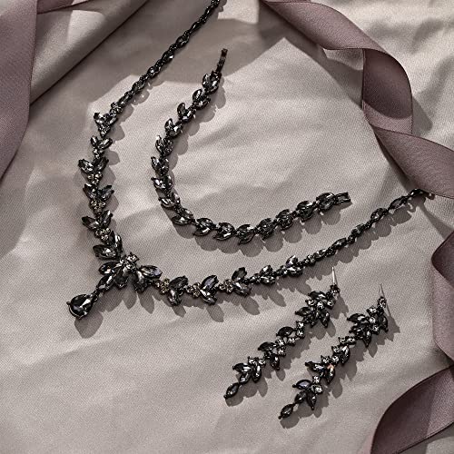 EVER FAITH Marquise Crystal Leaf Bridal Prom Jewelry Set for Women Bride | Rhinestone Wedding Party Necklace Dangle Earrings Tennis Bracelet, for Bridesmaid - color: Grey Black-Tone