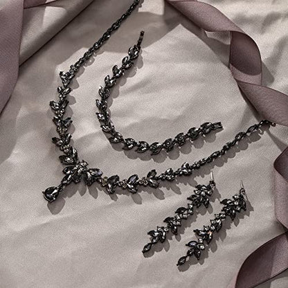 EVER FAITH Marquise Crystal Leaf Bridal Prom Jewelry Set for Women Bride | Rhinestone Wedding Party Necklace Dangle Earrings Tennis Bracelet, for Bridesmaid - color: Grey Black-Tone