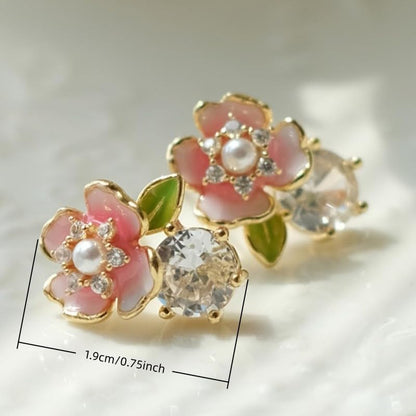 Exquisite Zircon Colorful Enamel Whimsical Floral Stud Earrings for Women Banquet Party Earrings Jewelry Gifts - color: gold