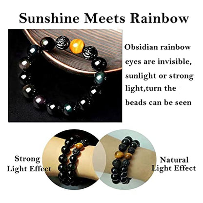 Black Obsidian Bracelet,Feng Shui Black Obsidian Wealth Bracelet for Women Men Couples Handmade Stretch Obsidian Bracelet Bangle with Carved Pixiu Tiger Eye Stone Attract Wealth Money and Good Luck - color: E,10mm,Yellow Tiger Eye